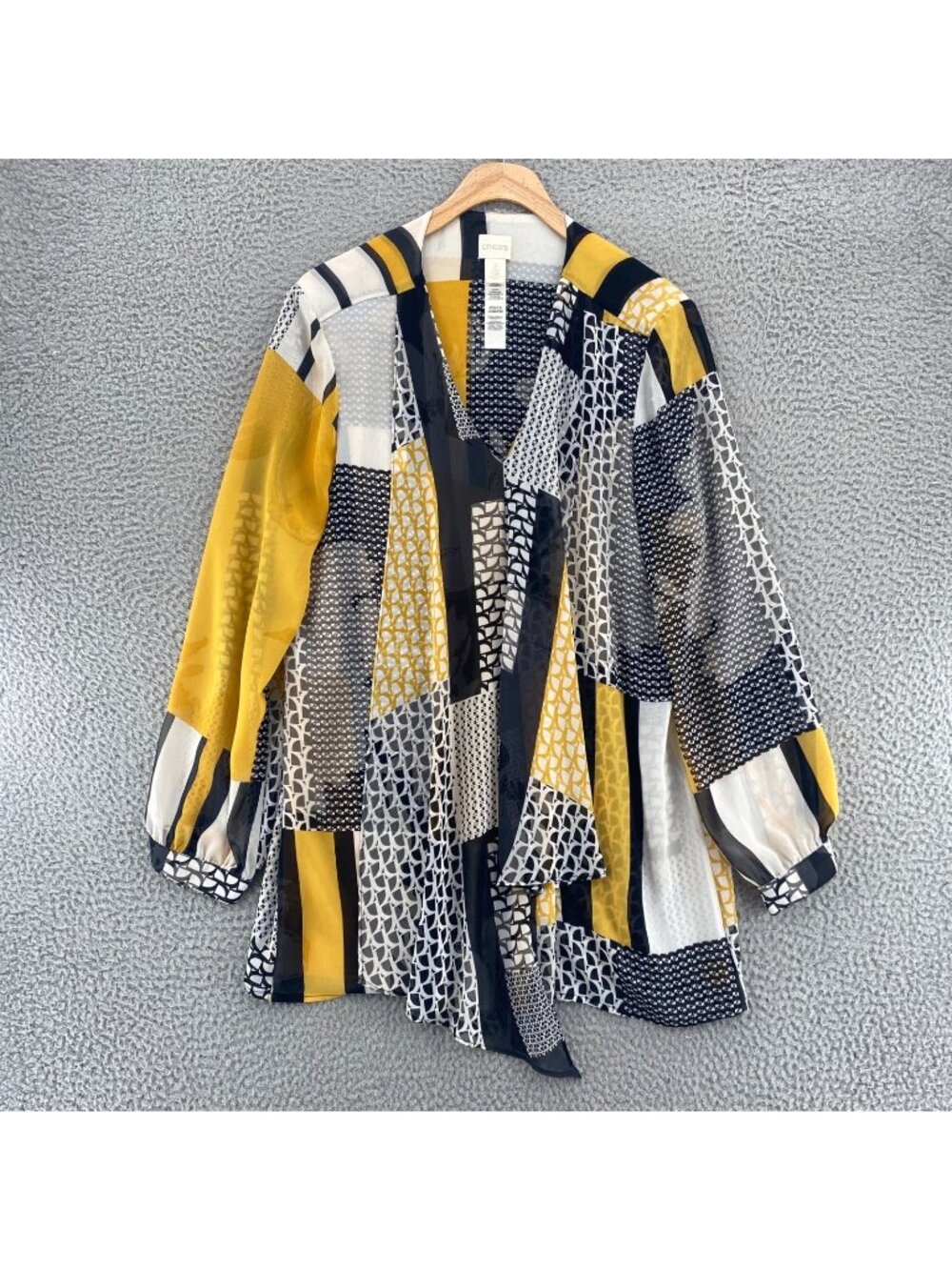 Chicos Top Womens 2 US Large Yellow Abstract Geometric V Neck Draped Chiffon